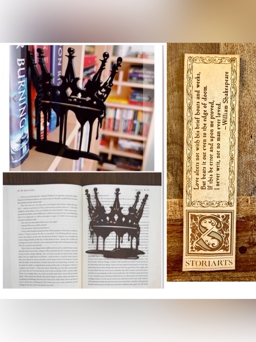 New, 3 Storiarts Items- Crown Bookshelf Silhouette & Bookmark, Leather Bookmark